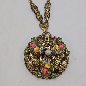Vintage West Germany Filigree Floral Cameo Transfer Large Rhinestone Necklace